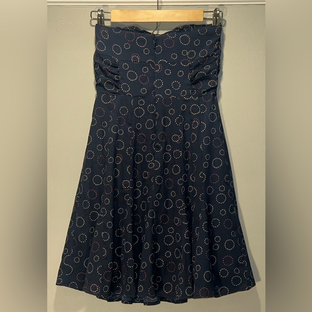 American Eagle Outfitters Strapless Navy Blue Maroon & Cream Circles Fit & Flare